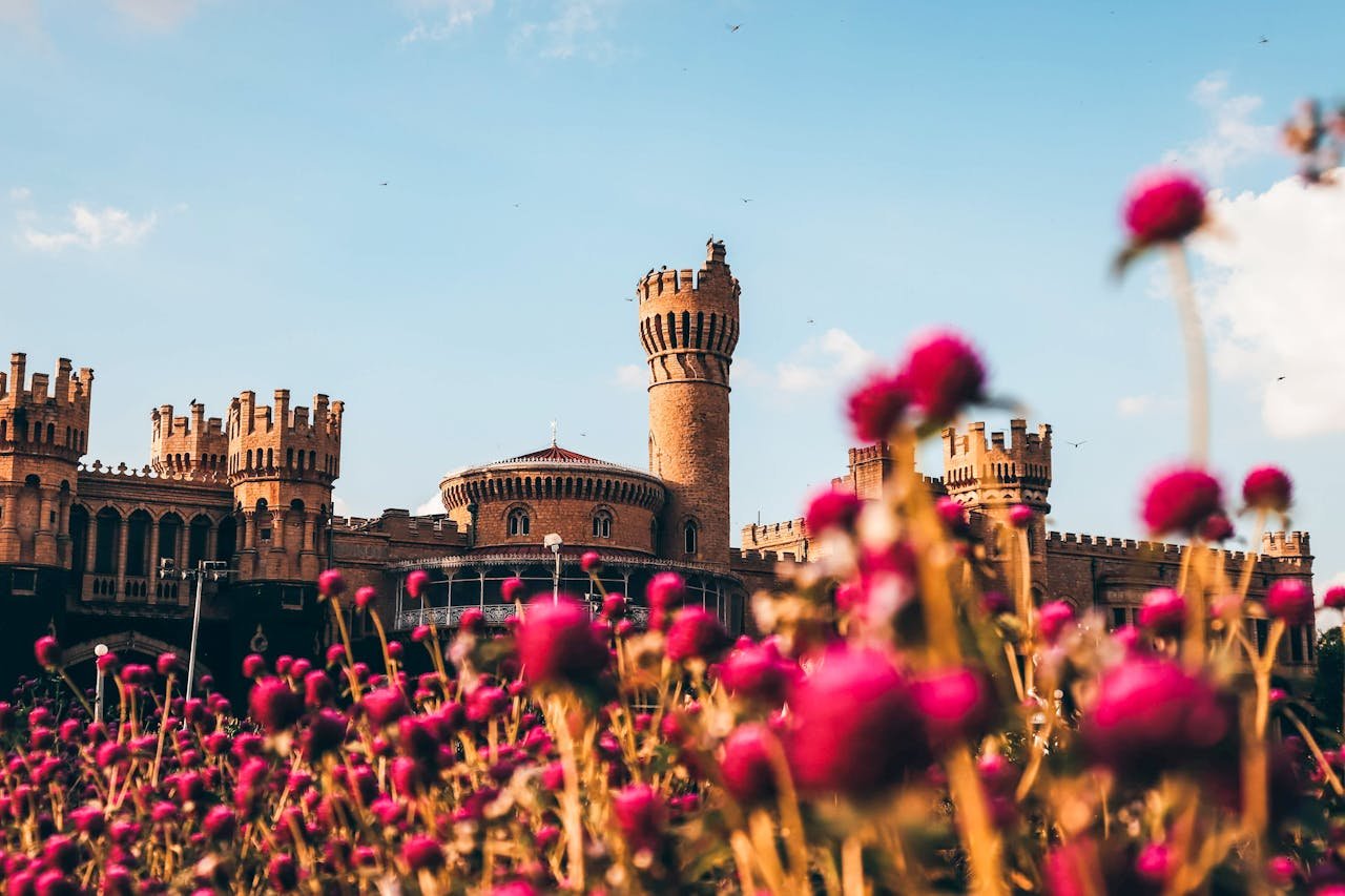 Stunning view of Bangalore Palace with vibrant pink flowers in the foreground. Perfect for travel and architecture enthusiasts.